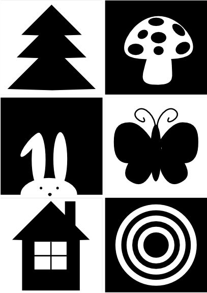 four different black and white images with animals, mushrooms, trees, and other things