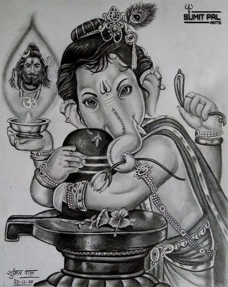 a drawing of lord ganesha holding a pot with an oil lamp in his hand