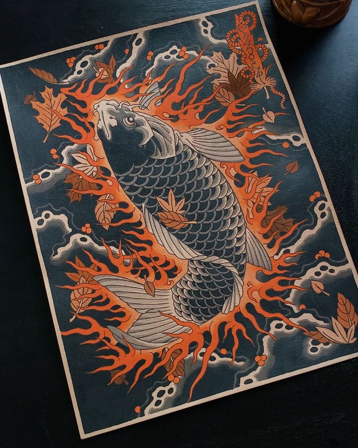 an orange and black koi fish with flames on it's body is sitting next to a vase