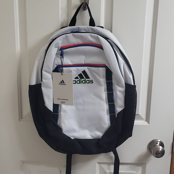 Adidas Backpack Casual White Student Backpack, Casual White School Backpack, Casual Blue College Bag, Adidas Sporty Backpack, Adidas Sporty Standard Backpack, White Backpack For Back To School, White Casual School Bag, Sporty White School Bag, White Sporty School Bag