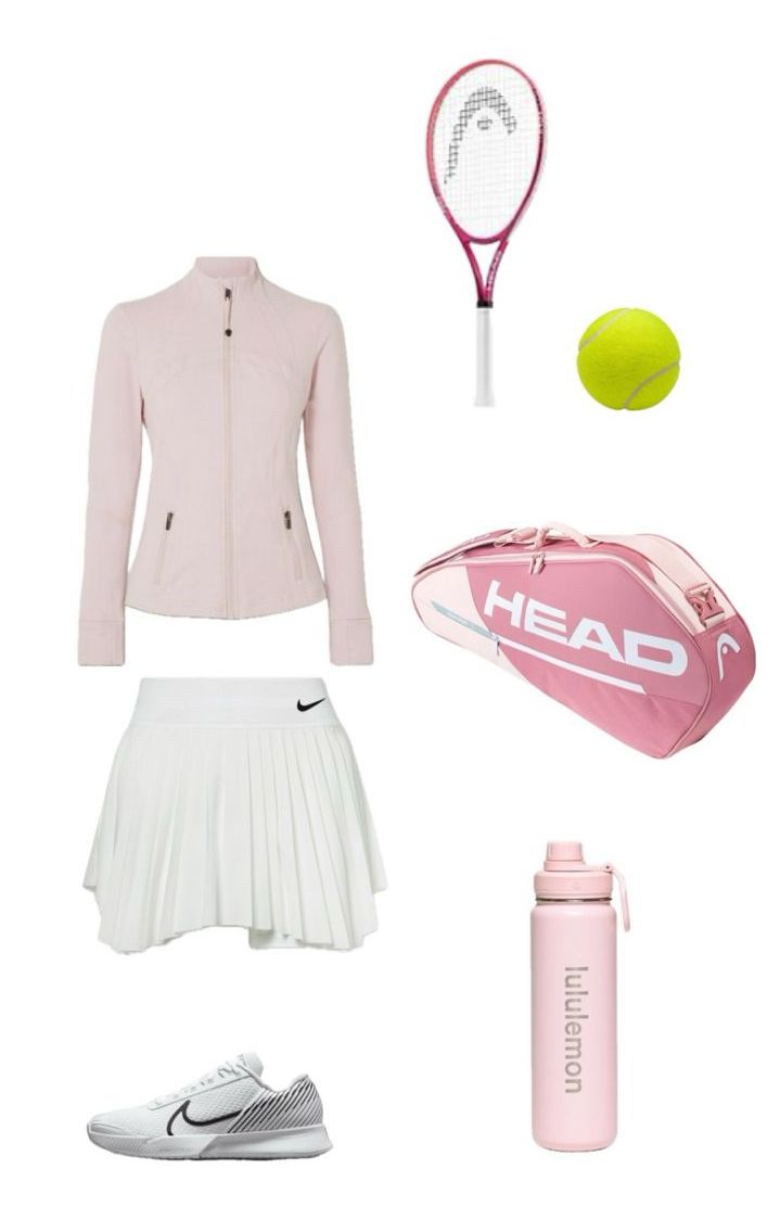 Aesthetic tennis outfit,clean girl outfit, with pink lululemon jacket, pink water bottle, white skirt, pink tennis bag and Nike shoes Tennis Girl Outfit, Cute Tennis Outfit, Aesthetic Tennis, Tennis Dress Outfit, Mode Tennis, Pink Tennis Skirt, Tennis Lifestyle, Tennis Outfit Aesthetic, Tennis Pictures