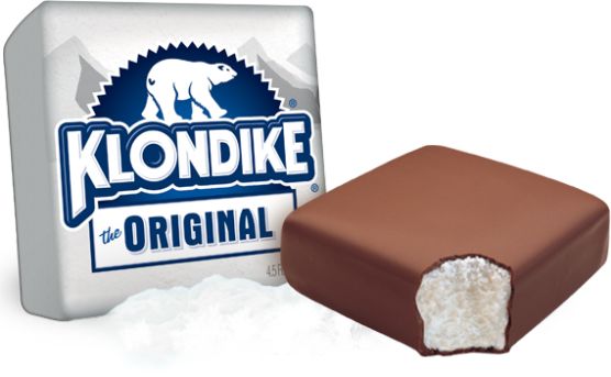 an ice cream bar next to a package of klondike