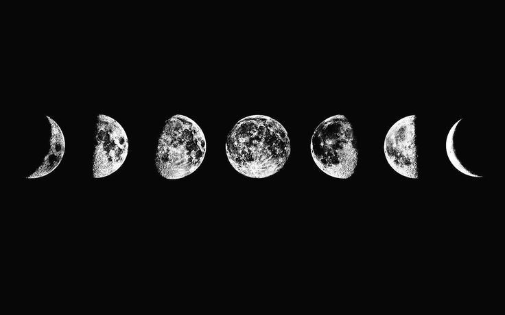 five phases of the moon are shown in black and white, with one half lit up