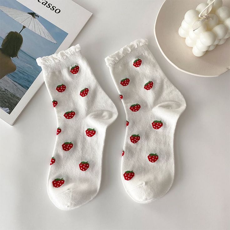 🍓🧦 Strawberry Print Cotton Socks: Sweet and Playful 🧦🍓 Elevate your sock game with our Strawberry Print Cotton Socks. These socks add a touch of sweetness and whimsy to your style. 🍓 Delightful Strawberries: These cotton socks feature adorable strawberry prints that bring a touch of fruity charm to your outfit. Perfect for those who love all things sweet and playful. (´∩｡• ᵕ •｡∩`) 🦋 Comfortable and Stylish: Not only are these socks visually delightful, but they are also comfortable to wear Playful White Socks For Spring, Cute Red Socks For Gifts, Playful Summer Socks For Gifts, Playful Summer Socks As A Gift, Playful White Cotton Socks, Playful Summer Gift Socks, Soft White Spring Socks, Trendy White Summer Socks, Cute Red Cotton Socks