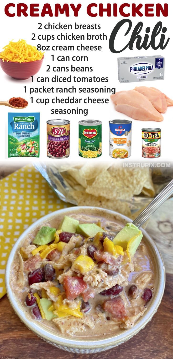 an advertisement for creamy chicken chili with ingredients