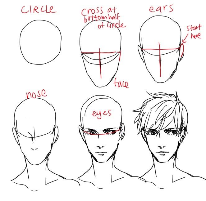 how to draw an anime character's head with different angles and hair styles for each face