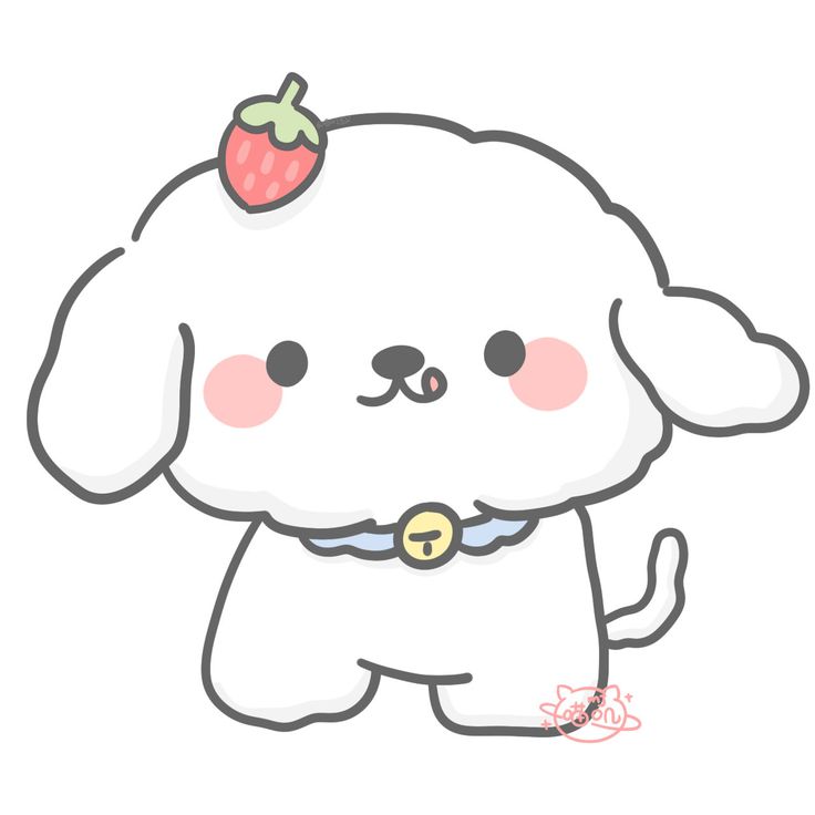 a white dog with a strawberry on top of it's head, standing in front of a white background