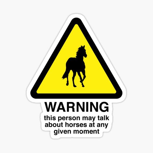 a warning sign with a horse on the front and back of it sticker in yellow