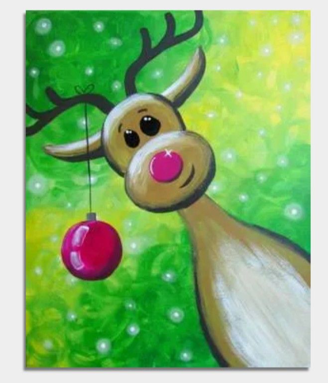 a painting of a reindeer holding a christmas ornament