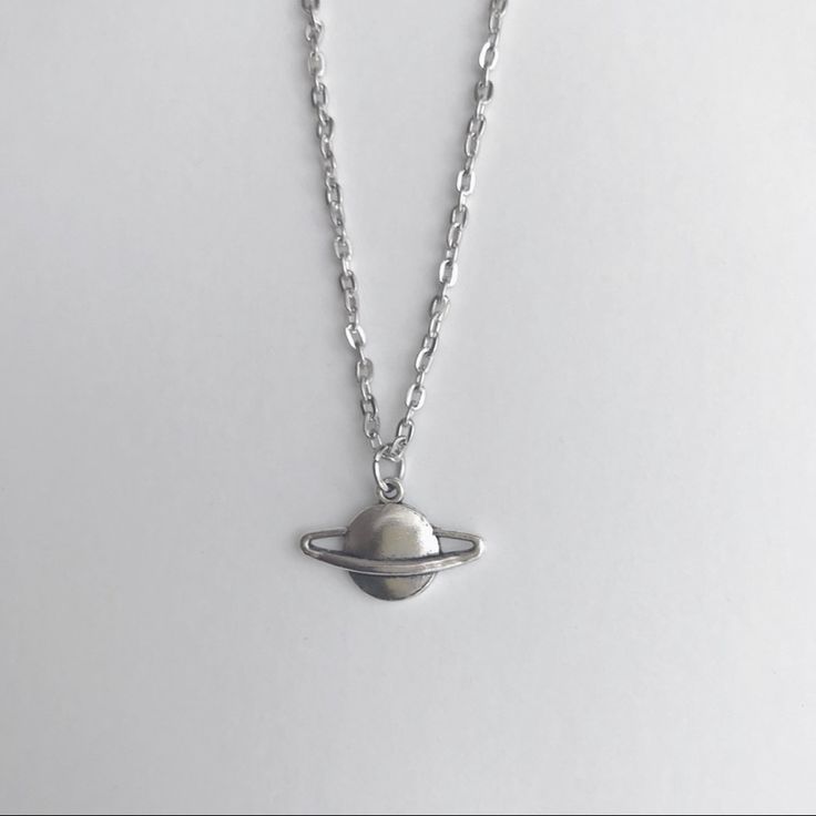 Silver Necklace With Saturn Pendant Necklace Length 16-18” Silver Necklace Women, Space Accessories, Space Necklace Silver, Pearl Necklace Saturn, Saturn Jewelry Necklace, Saturn Necklace Silver, Saturn Jewelry, Silver Saturn Necklace, Saturn Planet Pendant