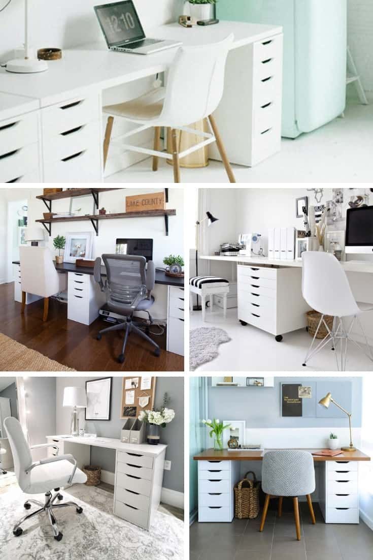 four different pictures with white furniture and accessories in the same room, including desks