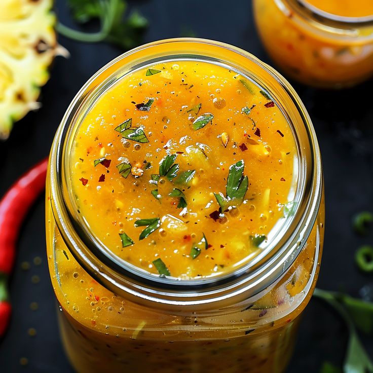 a jar filled with food sitting on top of a table next to some peppers and pineapples