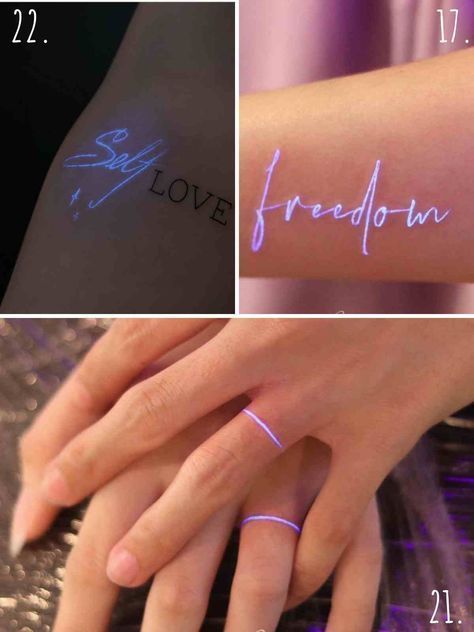 three different pictures with the words love and freedom written on their arm, one in white ink