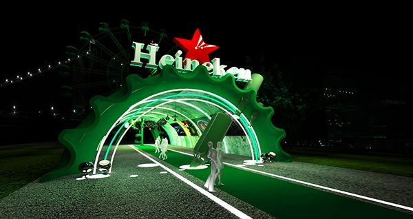 people are standing in front of the neon sign for heineken's amusement park