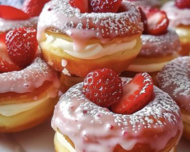 many donuts with frosting and strawberries on them