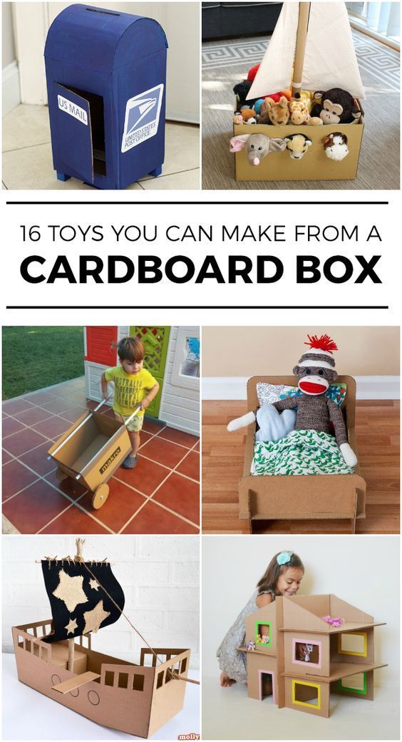 there are many different cardboard toys in the box and one has a boat on it