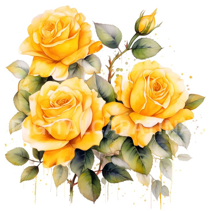 three yellow roses with green leaves and watercolor splashes on the white background stock photo