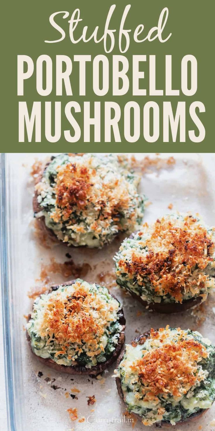 stuffed potatoes with cheese and spinach on top in a casserole dish text overlay reads stuffed potato mushroom mushrooms