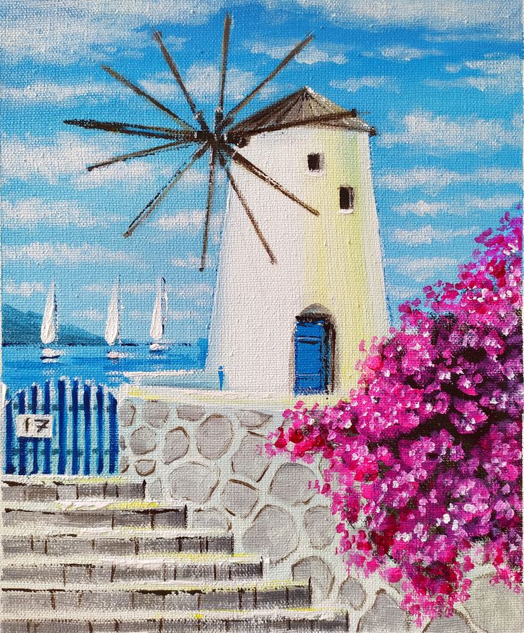 a painting of a windmill and flowers by the ocean