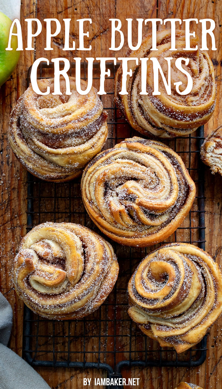 five apple butter cruffins are on a wire rack on top of a wooden cutting board. Rustic Baking Recipes, Apple Butter Rolls, Fall Inspired Baking Recipes, Fall Breakfast Baked Goods, Fall Breakfast Baking, Food Gift Ideas Homemade, Call Baked Goods, Rustic Baked Goods, Apple Butter Sourdough