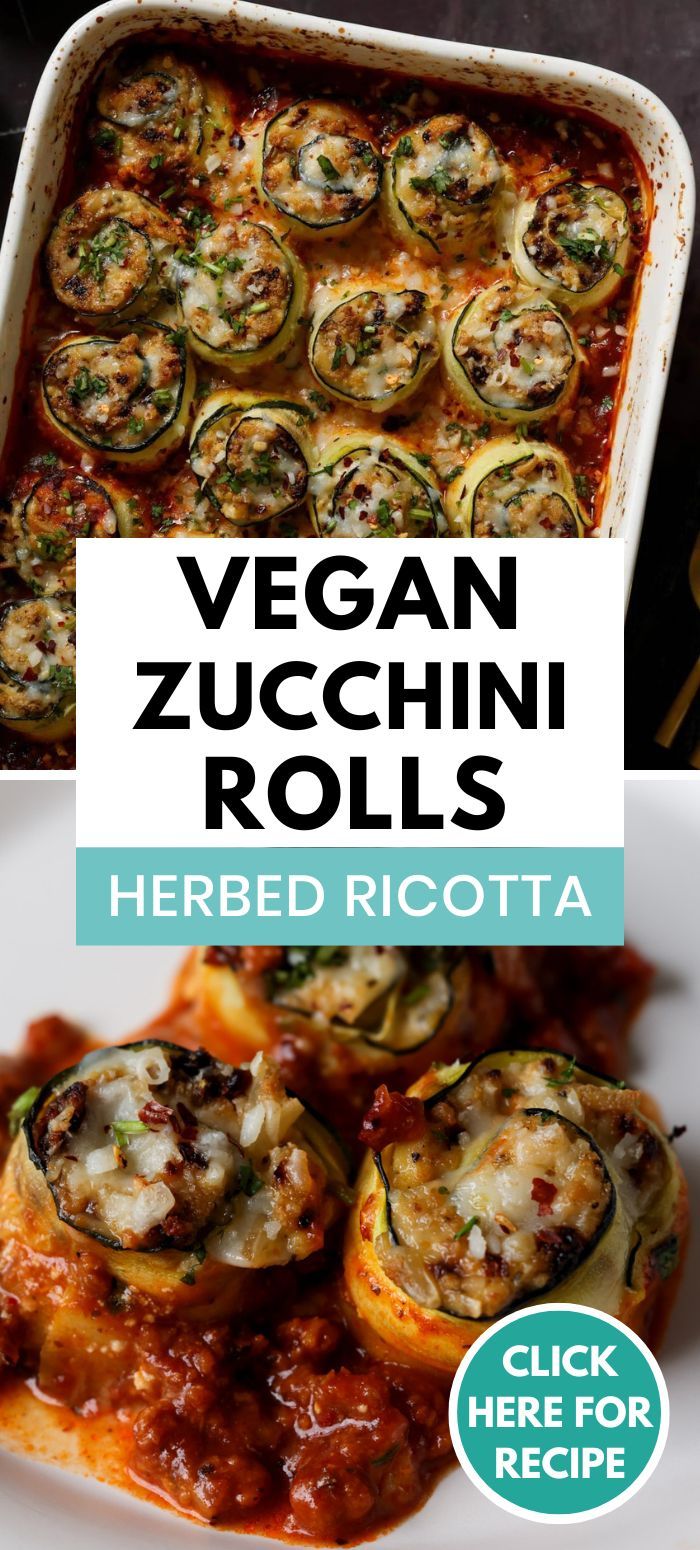 zucchini rolls in a casserole dish and zucchini rolls on a plate Vegan Zucchini Lasagna Roll Ups, Zucchini Rolls With Ricotta, Vegan Lasagna Roll Ups, Raw Vegan Lasagna, Zucchini Vegan Recipes, Vegan Tomato Recipes, Vegan Italian Dinner, Zucchini Recipes Vegan, Unicorn Kitchen