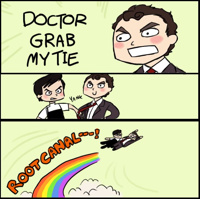 two comics with one saying doctor grab my tie and the other saying robot can't fly