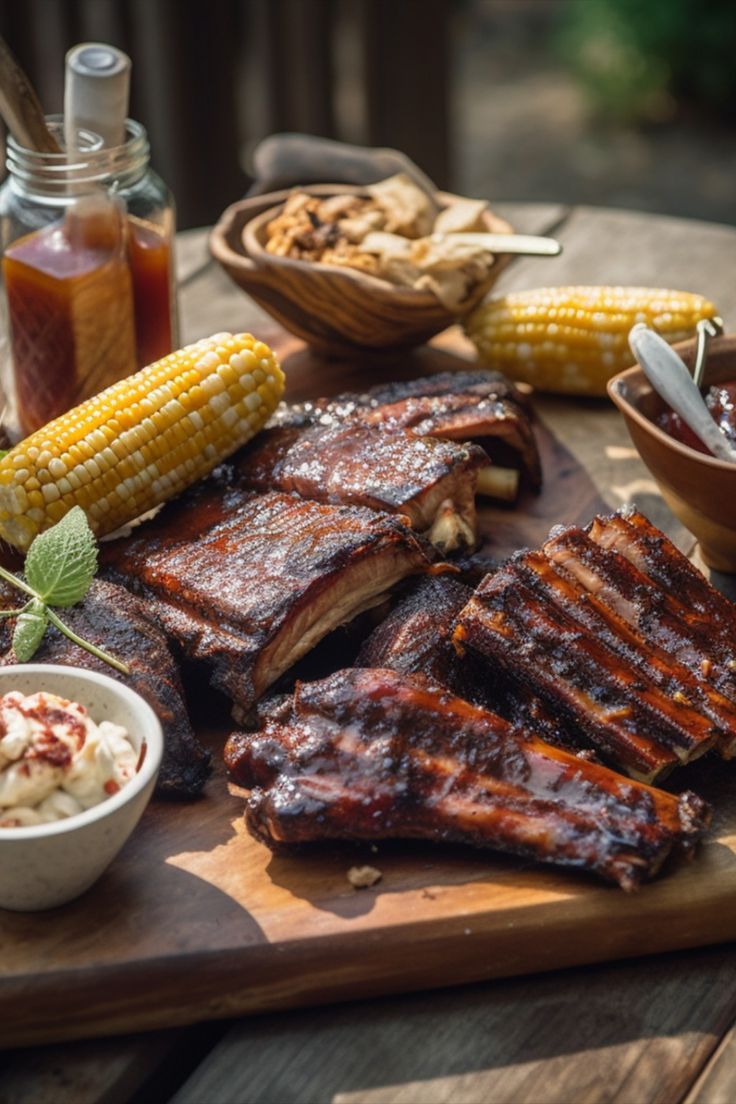 An appetizing AI-generated image of a barbecue platter featuring succulent pork ribs and corn on the cob, grilled to perfection with a smoky glaze. The ribs glisten with a savory sauce, and the corn has a beautiful golden hue with slightly charred kernels. The platter is garnished with fresh herbs, adding to the appealing presentation. This inviting image evokes a sense of enjoyment and satisfaction, perfect for a summer cookout or gathering with friends. Bbq Feast, Pork Ribs Grilled, Bbq Platter, Grilled Corn On The Cob, Grill Food, Ribs On Grill, Corn On The Cob, Grilled Corn, Pork Ribs