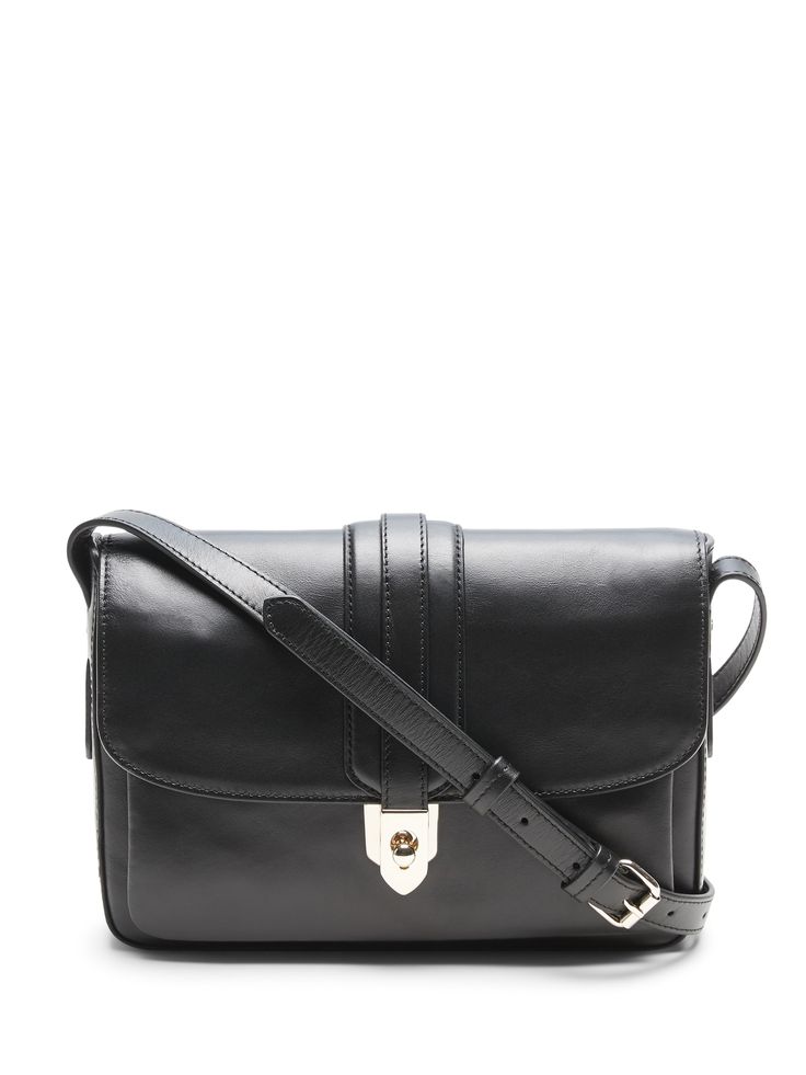 Sleek and structured, this leather east-west style shoulder bag has distinctive hardware inspired by a piece from the Banana Republic archives.  Adjustable shoulder strap.  Sliding clasp closure at front.  Internal card slot.  Fully lined.  Height: 10" (25. 5cm) Width: 7. 3" (18. 5cm) Depth: 1. 6" (4cm) Elegant Travel Saddle Bag With Metal Hardware, Elegant Saddle Bag For Travel With Metal Hardware, Elegant Saddle Shoulder Bag With Hasp Closure, Leather Satchel With Turn-lock Closure For Office, Elegant Business Saddle Bag With Metal Hardware, Rectangular Flap Bag With Turn-lock Closure For Office, Classic Business Saddle Bag, Rectangular Office Flap Bag With Turn-lock Closure, Chic Leather Saddle Bag With Turn-lock Closure