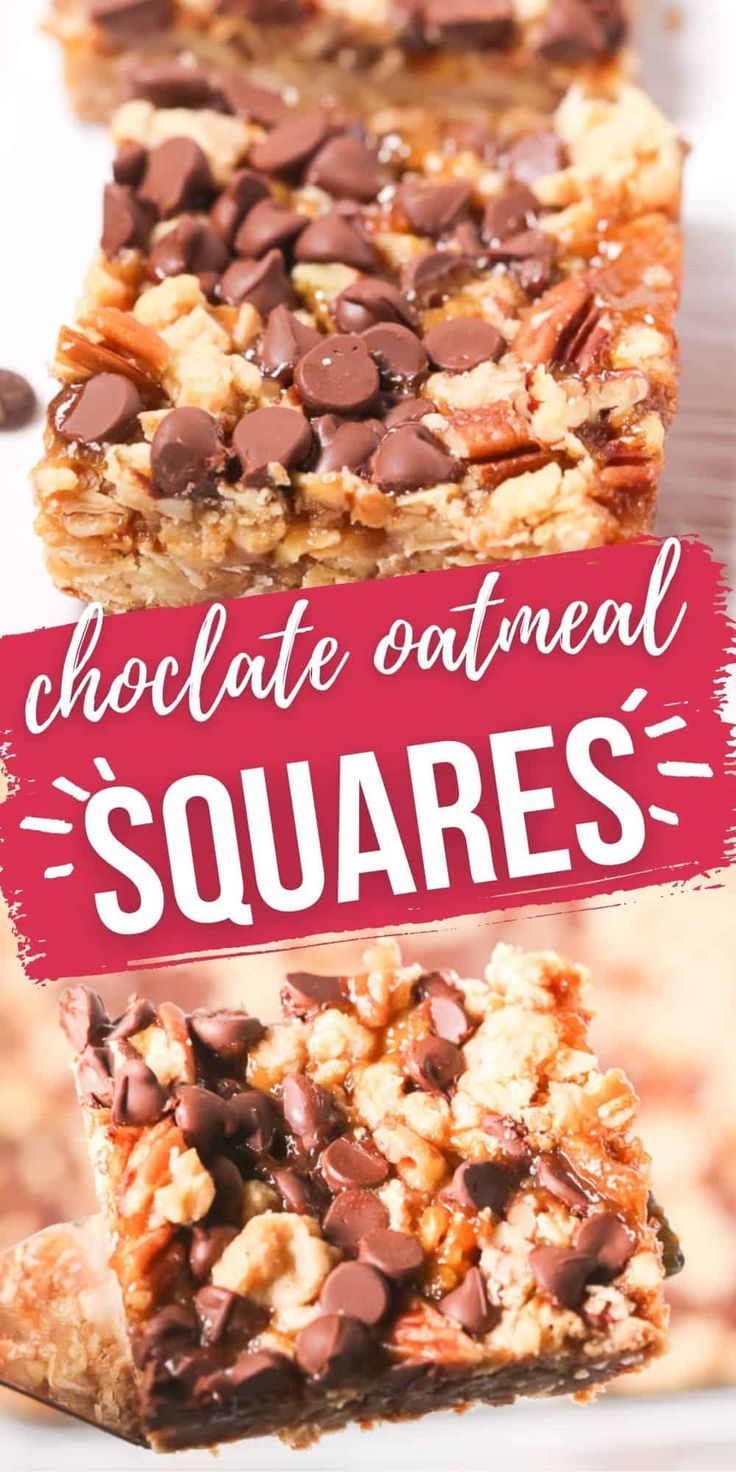 chocolate oatmeal squares stacked on top of each other with the words, chocolate oatmeal squares