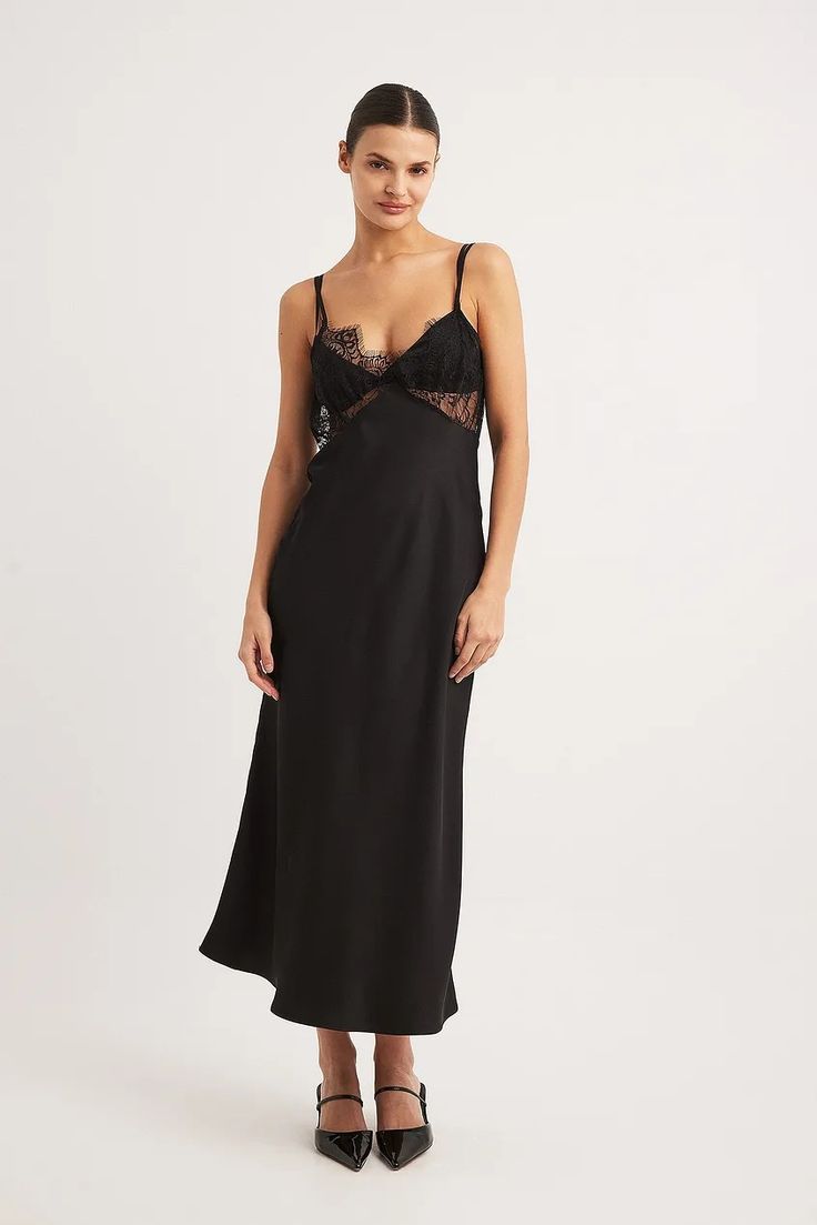 Satin Lace Detail Midi Dress Black | NA-KD Spring Evening Midi Dress With Built-in Bra, Night Out Midi Slip Dress With Built-in Bra, Evening Slip Dress With Lace Trim And Spaghetti Straps, Satin Midi Dress With Lace Trim, Satin Midi Dress With Lace Trim For Evening, Evening Satin Midi Dress With Lace Trim, V-neck Contrast Lace Slip Dress For Night Out, Lace Slip Dress With Built-in Bra For Daywear, Chic Slip Dress With Contrast Lace