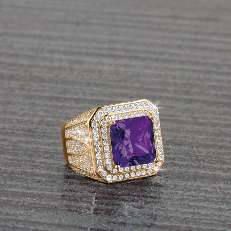 Daniel Steiger Millionaire Amethyst Diamondeau® Ring - Catalog Shot Luxury Rings With Prong Setting And Rectangular Stone, Luxury Square Cut Jewelry With Accent Stones, Gold Square-cut Cubic Zirconia Diamond Ring, Gold Amethyst Ring With Diamond Halo Setting, Cubic Zirconia Jewelry With Square Cut Accent Stones, Square Cut Cubic Zirconia Jewelry With Accent Stones, Luxury Cluster Ring With Cubic Zirconia Gemstones, Gold Cubic Zirconia Square Cut Rings, Gold Jewelry With Square Cut Accent Stones