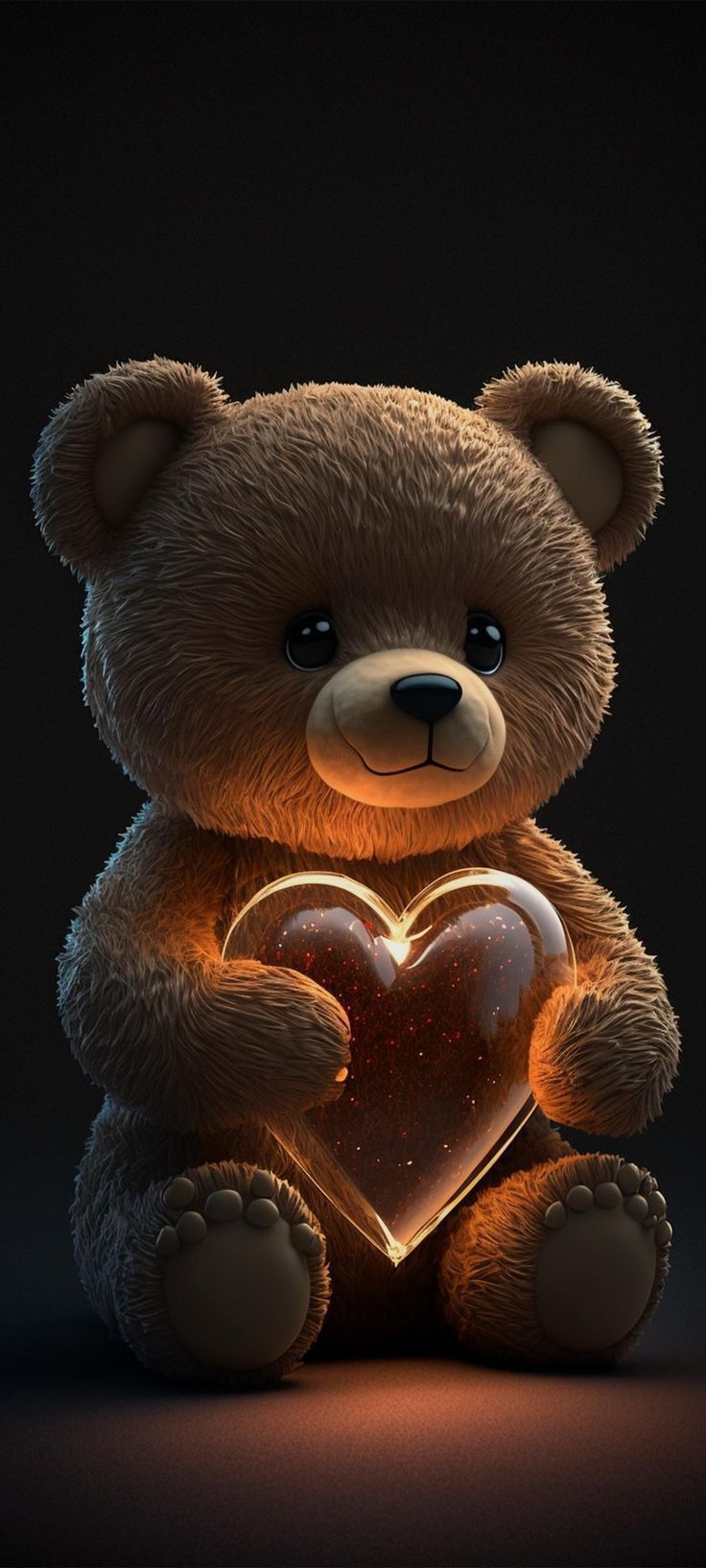 a brown teddy bear holding a heart shaped light