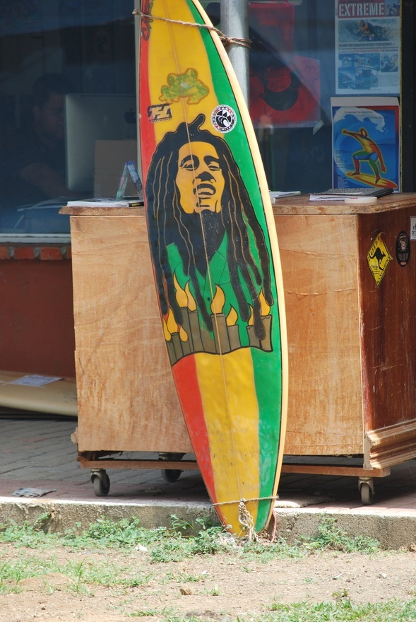 a surfboard with a raspberry dreadlock on it sitting in front of a store