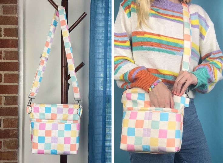 a woman is holding a multicolored cross - body bag in front of a brick wall