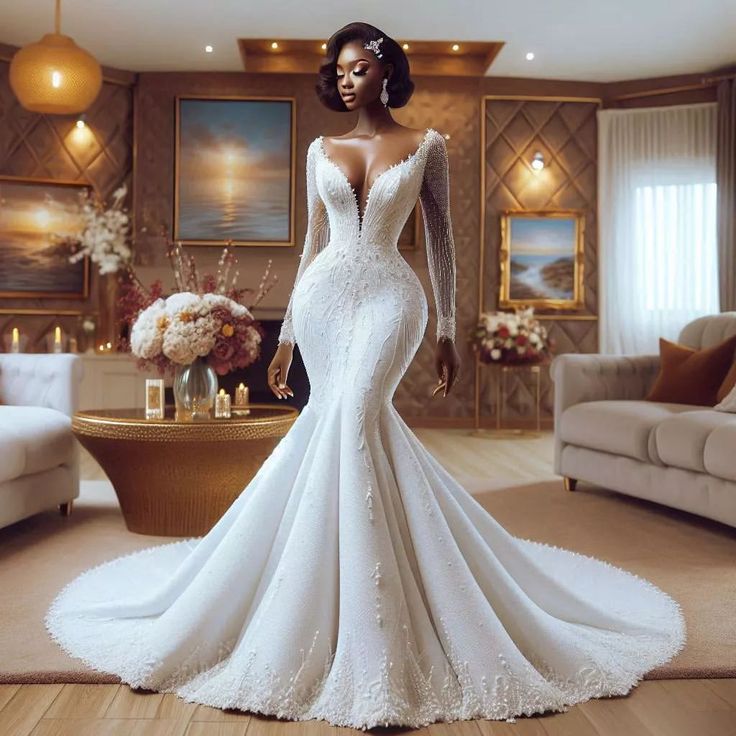 a woman in a white wedding dress standing in a room with couches and tables