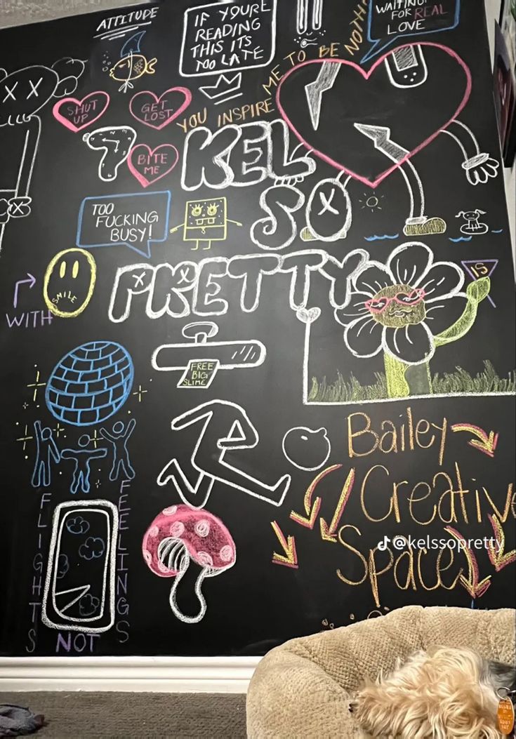 a dog laying in front of a blackboard with writing on it and an image of flowers