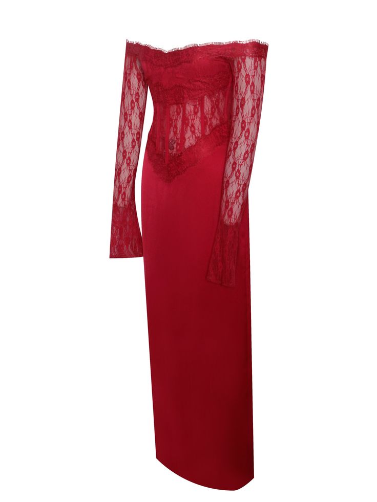 Elevate your elegance with the Nessa Red Lace Satin Corset Maxi Dress. This stunning ensemble boasts an off-the-shoulder design, crafted from double duchess luxe satin adorned with intricate lace trimmings. The fully boned corset enhances your silhouette, while semi-sheer lace graces the bodice. Beautiful red lace lines the neckline edges as well as the bust. Sheer lace long sleeves add a touch of romance, and the "V" shaped waistband accentuates the figure. Perfect for holiday parties, New Year Corset Maxi Dress, High Waist Long Skirt, Long Skirt Outfits, Satin Corset, Bodycon Floral Dress, Plain Dress, Sequin Beading, Shoulder Design, Red Lace