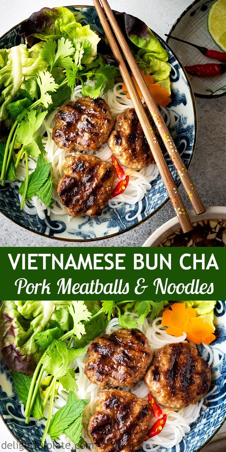 vietnamese bun cha pork meatballs and noodle salad with chopsticks on the side