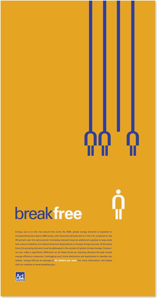 a poster with the words break free in blue and yellow, on an orange background