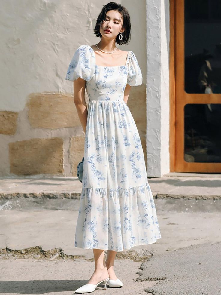 Formal Dress Puffy Sleeves, Floral Dress Puffy Sleeves, Casual Long Dress Outfit Summer, Long White Dress Outfit Casual, Long Sundress Outfit Casual, Vestidos Cottagecore, Puffy Long Dress, Bday Dresses For Women, Puff Long Dress