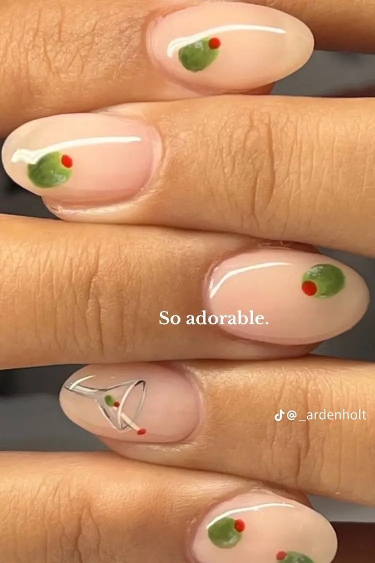 Martini nails Red Chili Pepper Nails, Red Festival Nails, A Toni Bit Older, Martini Nail Art, Martini Glass Nails, Bartender Nails, Doll Activities, Martini Nails, Olive Nails