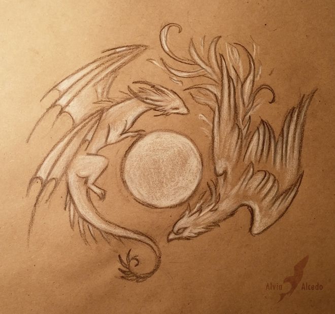 a drawing of a bird with wings on it's back and the moon in the background