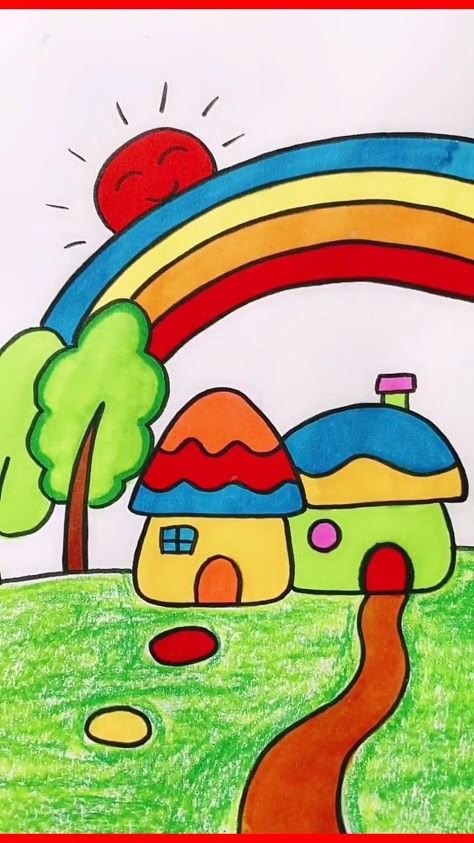 a child's drawing of a house under a rainbow