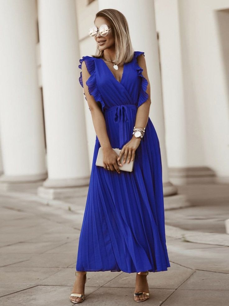 Tied Surplice Cap Sleeve Pleated Dress - Sydney So Sweet Pleated Chiffon Skirt, Boho Mode, Marine Uniform, Sleeveless Outfit, Elegant Maxi Dress, Flowing Dresses, Solid Color Dress, Pleated Maxi Dress, Pleated Maxi