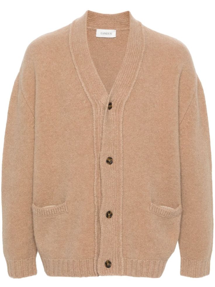 camel brown wool blend knitted construction front button fastening V-neck long sleeves two front welt pockets ribbed cuffs and hem Cardigan Brown, City Shorts, Balenciaga Triple S, V Neck Cardigan, Summer Beach Wear, Knitwear Cardigan, Sweaters Knitwear, Light Jacket, Jacket Style