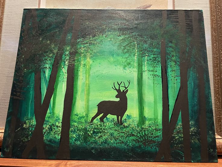 a painting of a deer in the woods