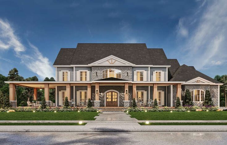 this is an artist's rendering of the front elevation of these luxury home plans