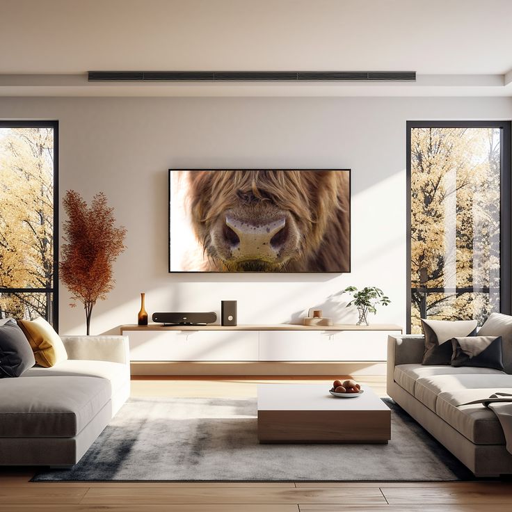 a living room with two couches and a large painting on the wall above it