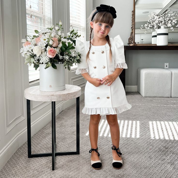 White Tuxedo Dress – Petite Maison Kids Chic Dresses With Pearl Buttons, Chic Party Dress With Pearl Buttons, Chic Formal Dresses With Gold Buttons, Elegant Party Dresses With Gold Buttons, Elegant Baptism Dress For Spring, White Dress With Buttons For Dress-up, White Buttoned Formal Dress, White Button-up Dress For Dress-up Occasion, White Formal Dress With Buttons