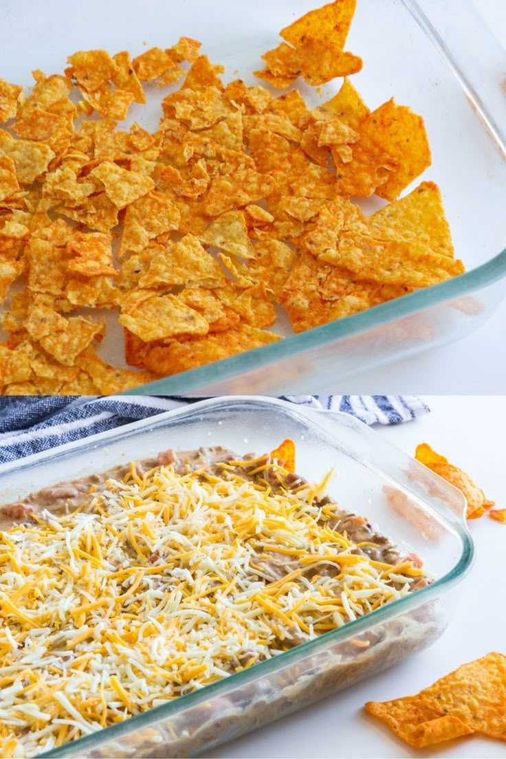 two pictures showing different types of cheesy dip and tortilla chips in casserole dishes